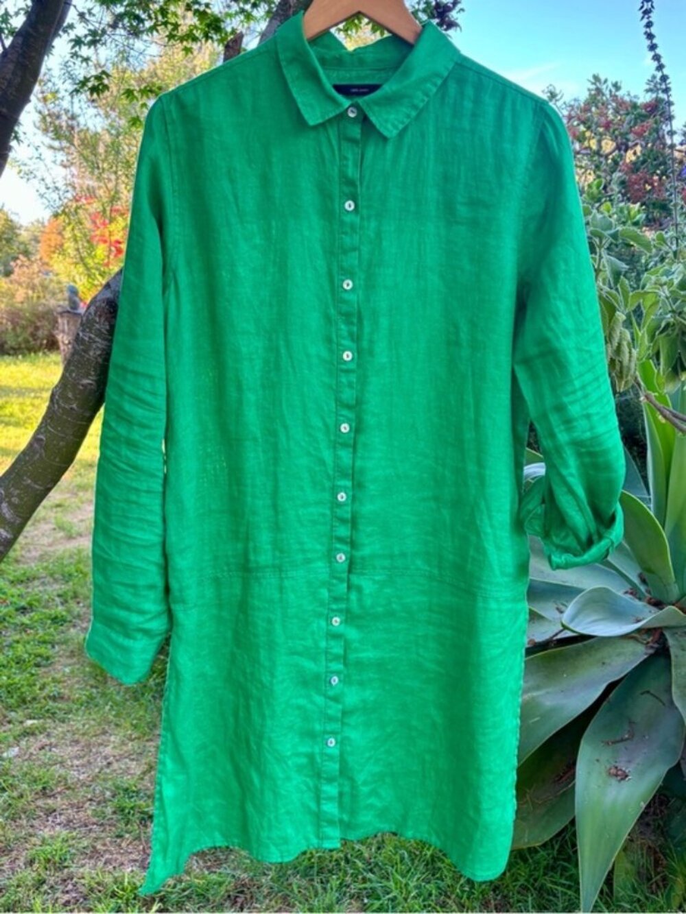 Tahari (M) Kelly Green 100% Linen Long Button-Down Tunic Shirt or Beach Coverup